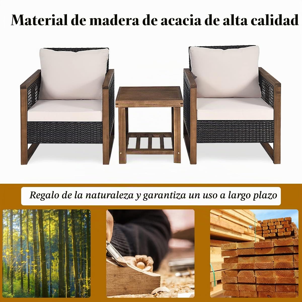 GIANTEX Juego de Muebles de Jardín 3 Piezas, 2 Sillones de Ratán con Marco de Madera de Acacia, con Mesita de Café, Asiento con Cojines, 115 x 64 x 80 cm, para Jardín, Terraza, Patio