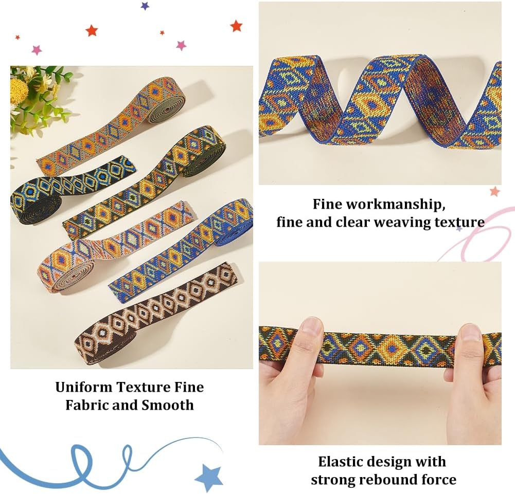 BENECREAT 6 Styles Jacquard Elastic Bands, 6 Yards Stretch Elastic Band, 1 inch Wide Polyester Elastic Ribbon Waistband, Elastic Band Elastic Woven Jacquard Ribbon for Sewing Craft DIY