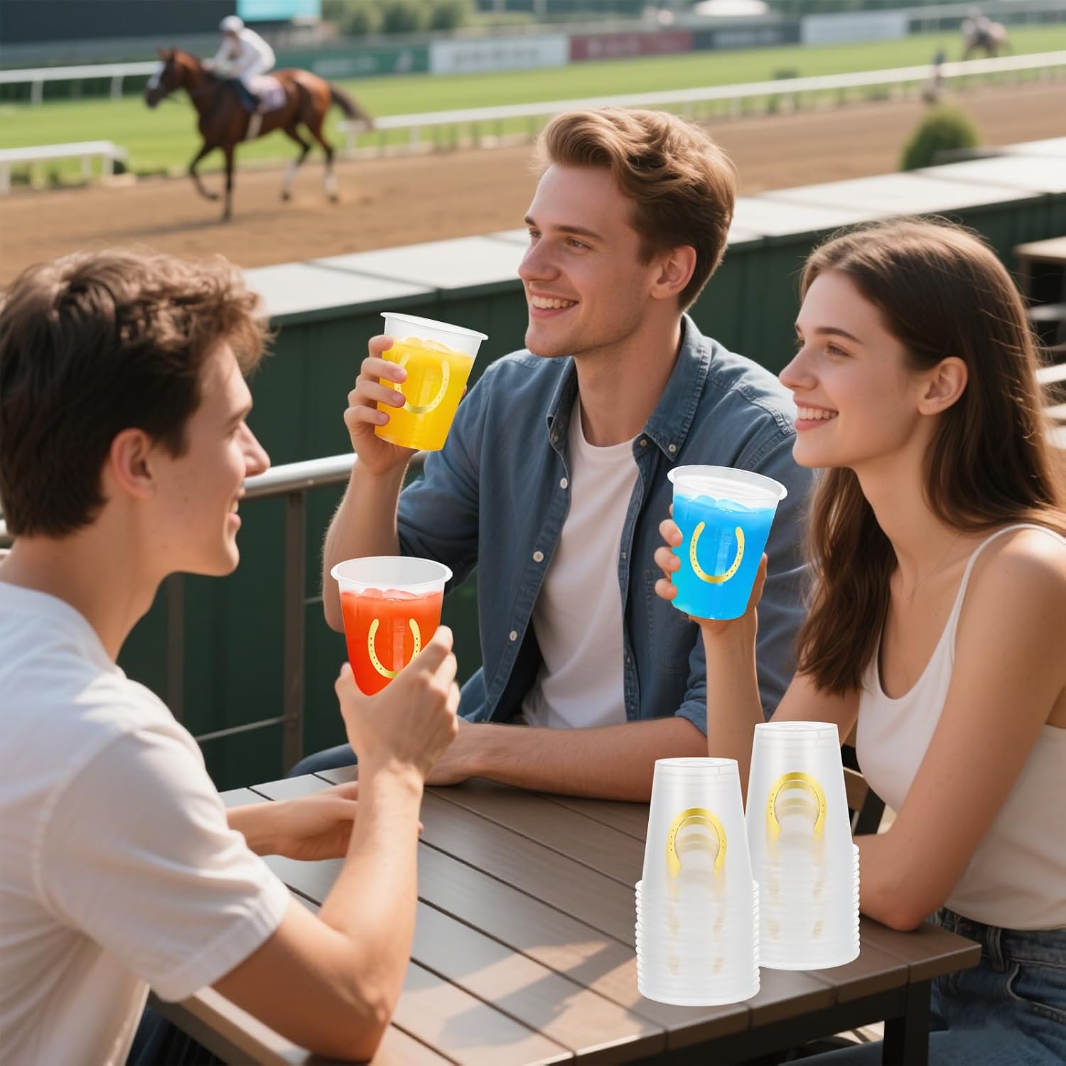 CIEOVO 50 Pack 16oz Derby Plastic Cups, Frosted Horse Racing Disposable Plastic Cups for Derby Party Kentucky Horse Race Birthday Baby Shower Party Beer Beverage Ice Cream Snacks Decoration