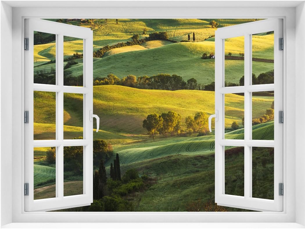 RoyalWallSkins Window Wall Mural Beautiful Landscape, Peel and Stick Fabric Illusion 3D Wall Decal Photo Sticker