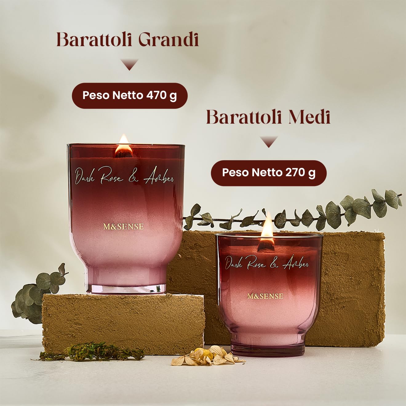 M&SENSE Grandi Candela Profumata 470g Rosa Scura e Ambra con Stoppino Scoppiettante, 110H Dura, Cera di Soia Non Tossico Aromaterapia Candele, Vetro Design Room Decor, Regalo di Lusso per Donne/Natale