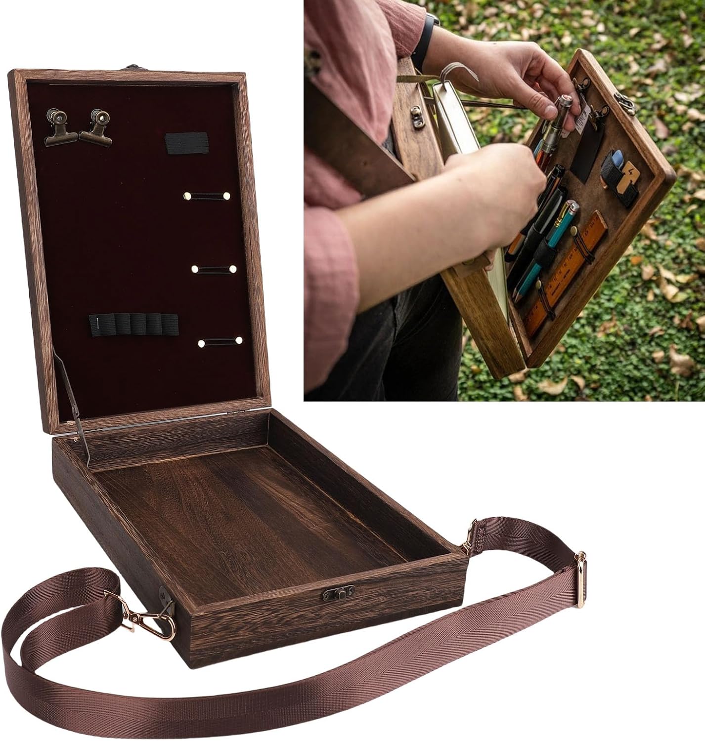 Hilitand Wooden Messenger Box Art Sketch Box Multifunctional Portable Artist Tool Bag Painting Brush Tool for Designers Architects