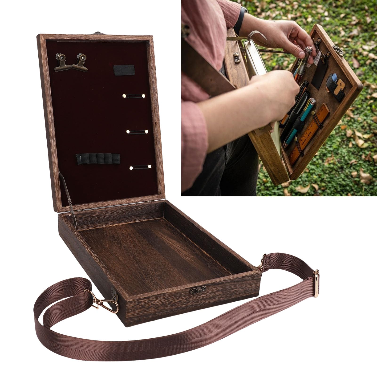 Eujgoov Boîte à Croquis en Bois, Sac à Outils D'artiste avec Chevalet A4, Boîte de Messager Faite à la Main pour les écrivains et les Designers
