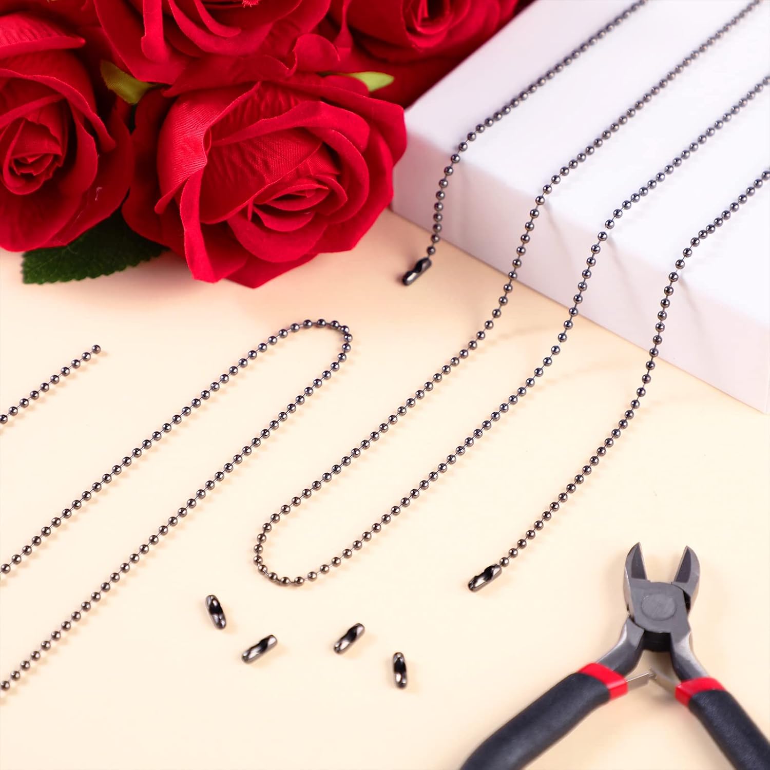 Mudder 65 ft Ball Necklace Chains, 2. 4mm Bead Link Dog Tag Chain Roll with 40 Ball Connectors and Plier for Necklace Hanging Ornament Key Chain Dog Pet Tags(Black) - Image 4