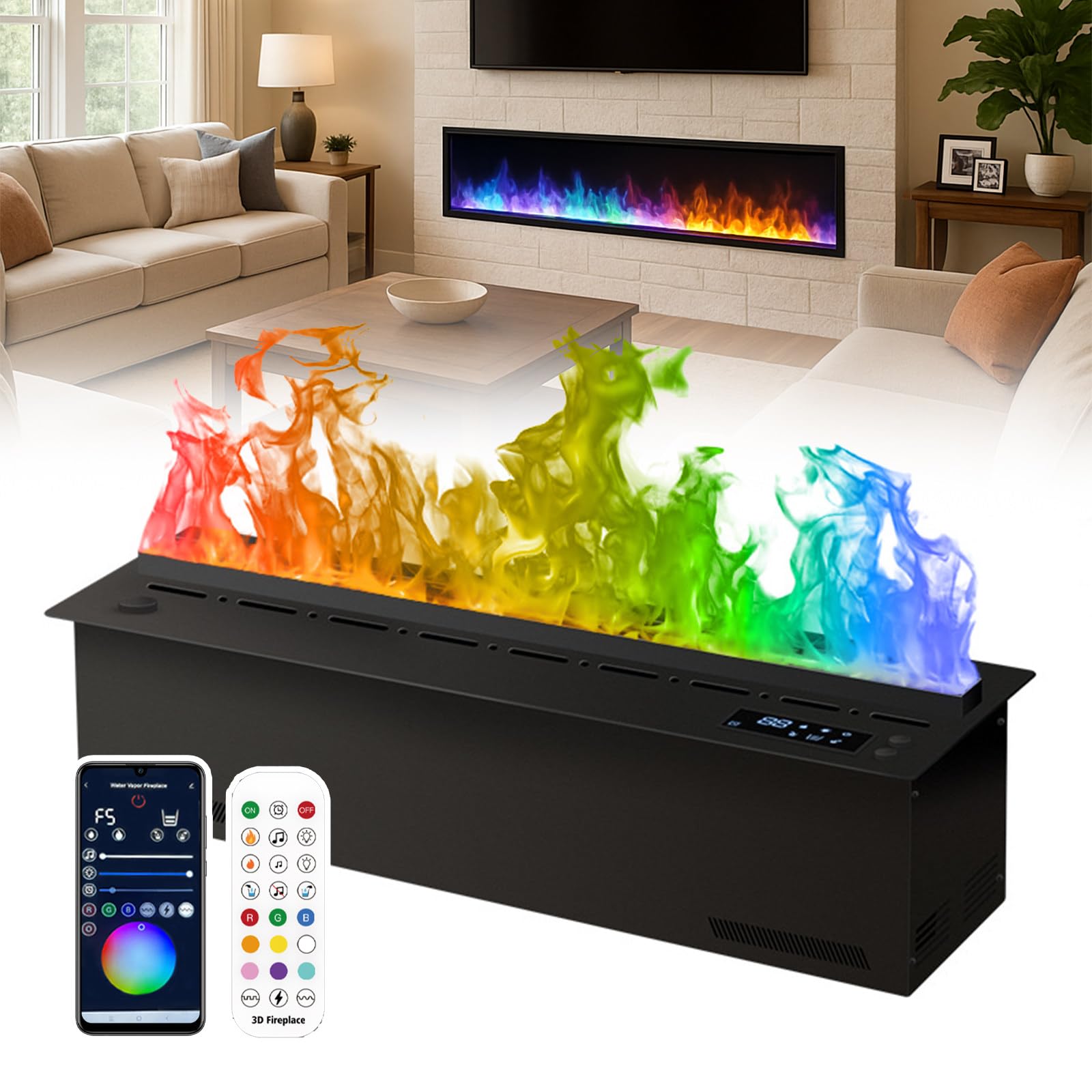 Water Vapor Fireplace,Recessed Vapor Fireplace With App & Remote Control, Vapor Fireplace With 9 Color Flame With Water Connection Direct,Electric Fireplaces With Flame Adjustment 180cm/70in