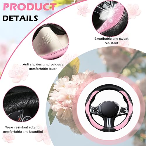 Miniatura 2 de Funda de volante rosa, antideslizante, transpirable, cómoda, de piel sintética de imitación PU, accesorios de automóvil lindos para mujeres y niñas