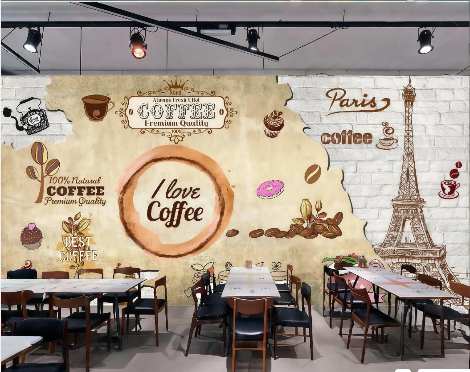 Xdoubao 3D Wallpaper Retro Nostalgic Brick Wall Coffee Dessert Cake Shop Catering Mall Coffee Shop Background Mural Western Restaurant Wallpaper,,430X300cm