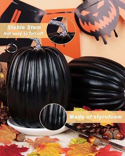 Miniatura 3 de vensovo Calabazas grandes de plástico negro de 8.5 pulgadas para decorar, 2 calabazas decorativas grandes de espuma para decoración de otoño,