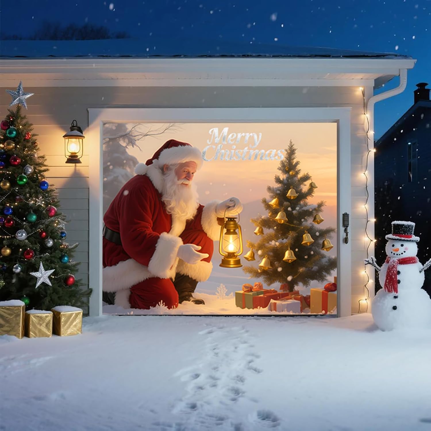 Christmas Garage Door Banner – Santa Claus, Xmas Tree & Gift Boxes, Large Waterproof Reusable Outdoor Holiday Cover for Home, Yard, Party & Photo Backdrop,8 × 7ft/2.4 × 2.1m