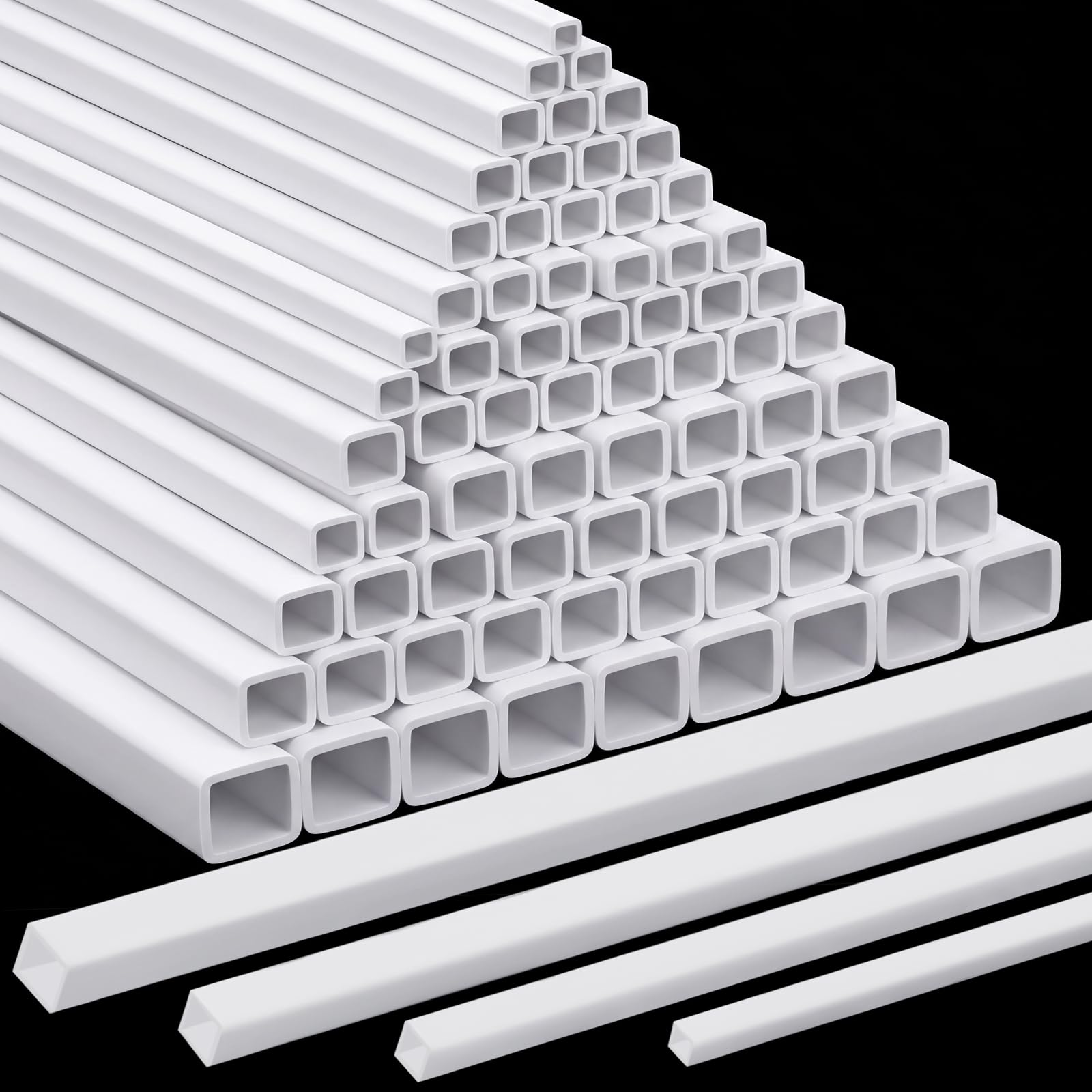 Photo 1 of Outus 80 Pcs ABS Square Plastic Tube 4 Sizes 3/4/5/6mm White Bars Rod Hollow Tubing Connector Plastic Rod for DIY Crafts Sand Table Architectural Model Making