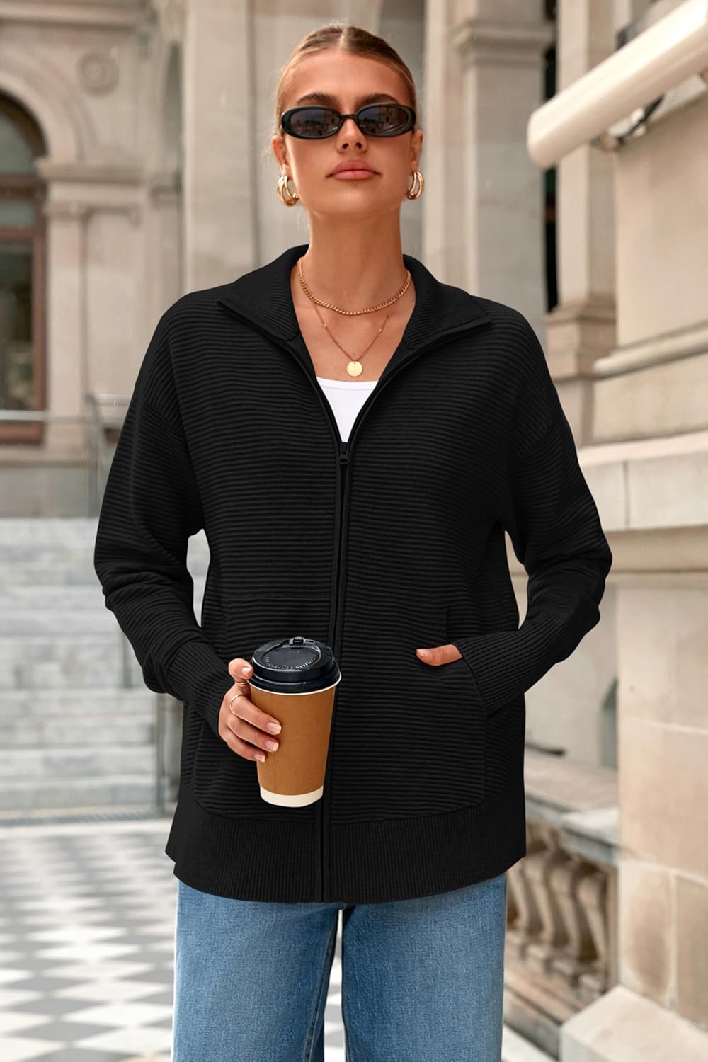 PRETTYGARDEN Womens Fall 2025 Long Sleeve Zip Up Cardigan Sweaters Casual Loose Collared Ribbed Knit Tops Jackets Thumb Hole - Image 7