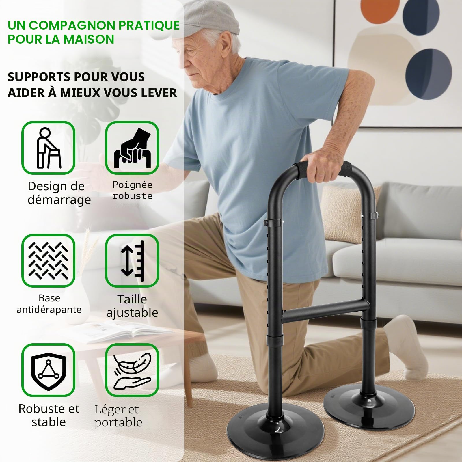 Aide à se lever du lit, pour personnes âgées, hauteur réglable, aide à se lever du sol pour les personnes âgées, aide à la position debout et aux soutiens, stabilité double base, charge minimale 90 kg