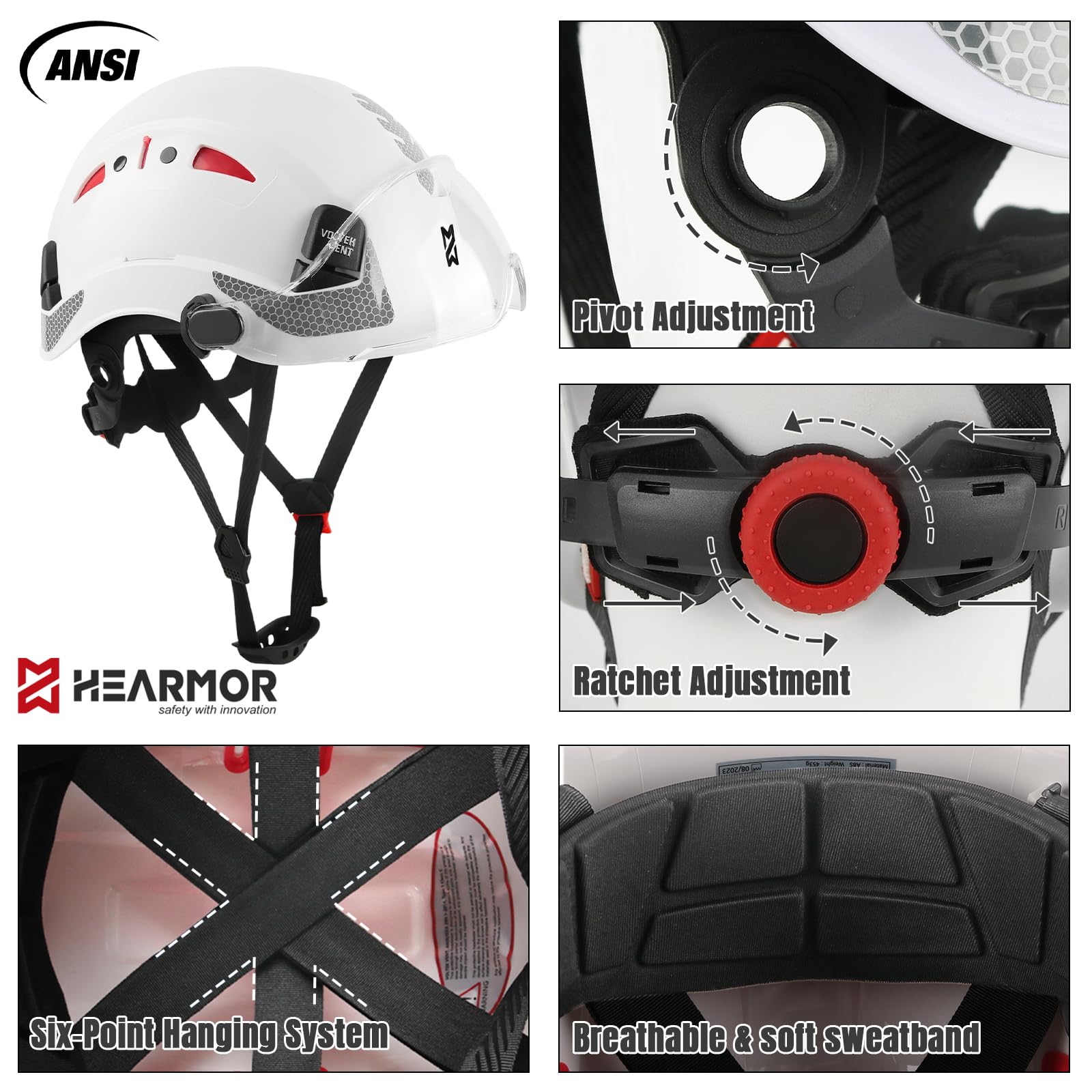 HEARMOR Casco protettivo per caschi da cantiere, EN 397, casco da lavoro ventilato per adulti, sistema a cricchetto regolabile con visiera opzionale trasparente e fumo