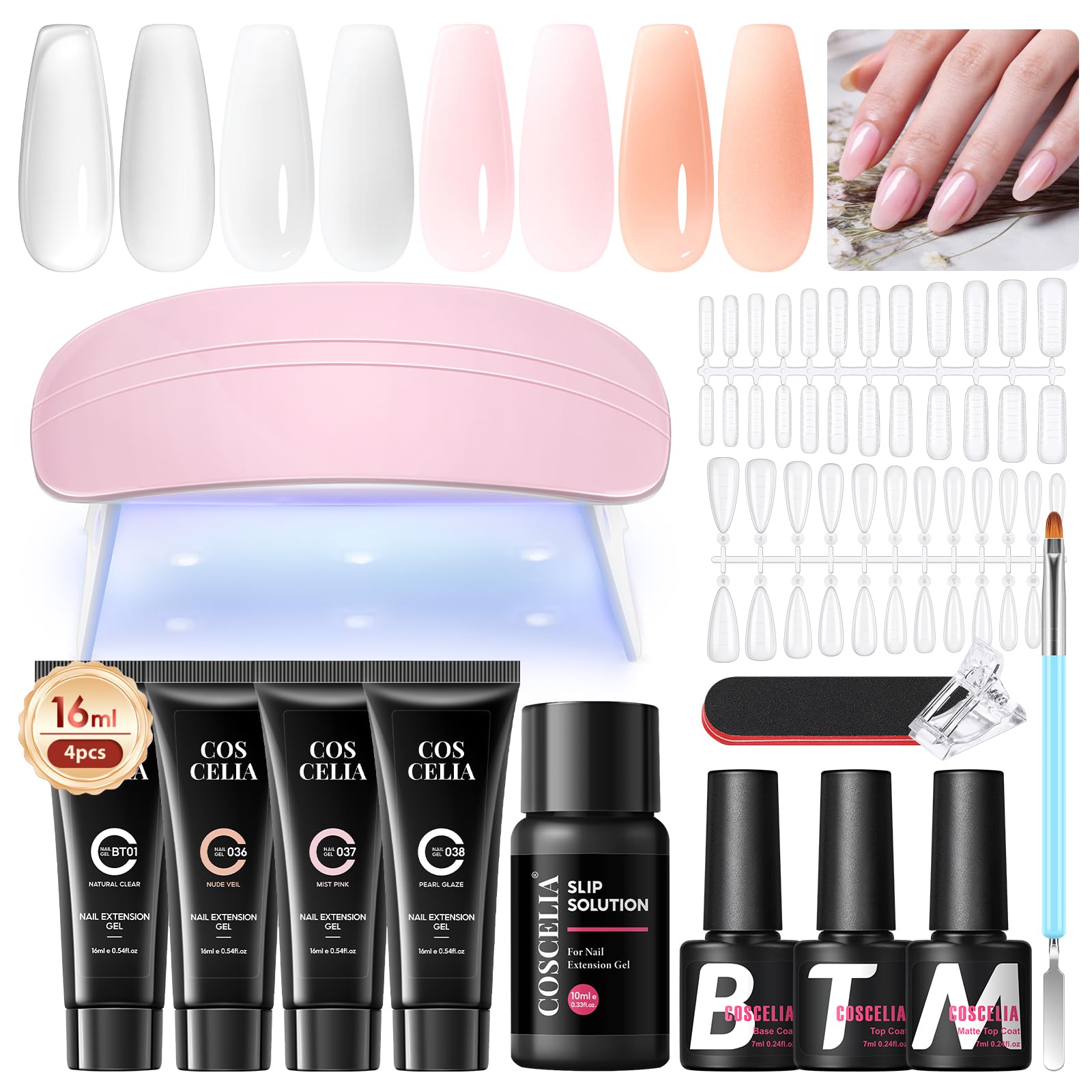 COSCELIA Gel Extensión de Uñas Kit, 4 * 16ml Poly Nail Gel Para Uñas Con Lampara Uñas y Slip Solution,Base Top Coat y Molde para uñas,Uñas Poligel Kit Completo para DIY