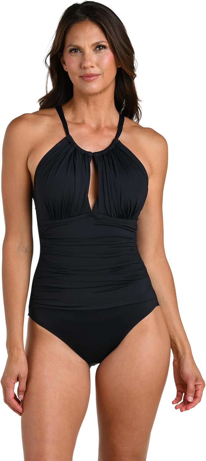 La Blanca Womens One Piece Swimsuit High Neck Keyhole Island Goddess