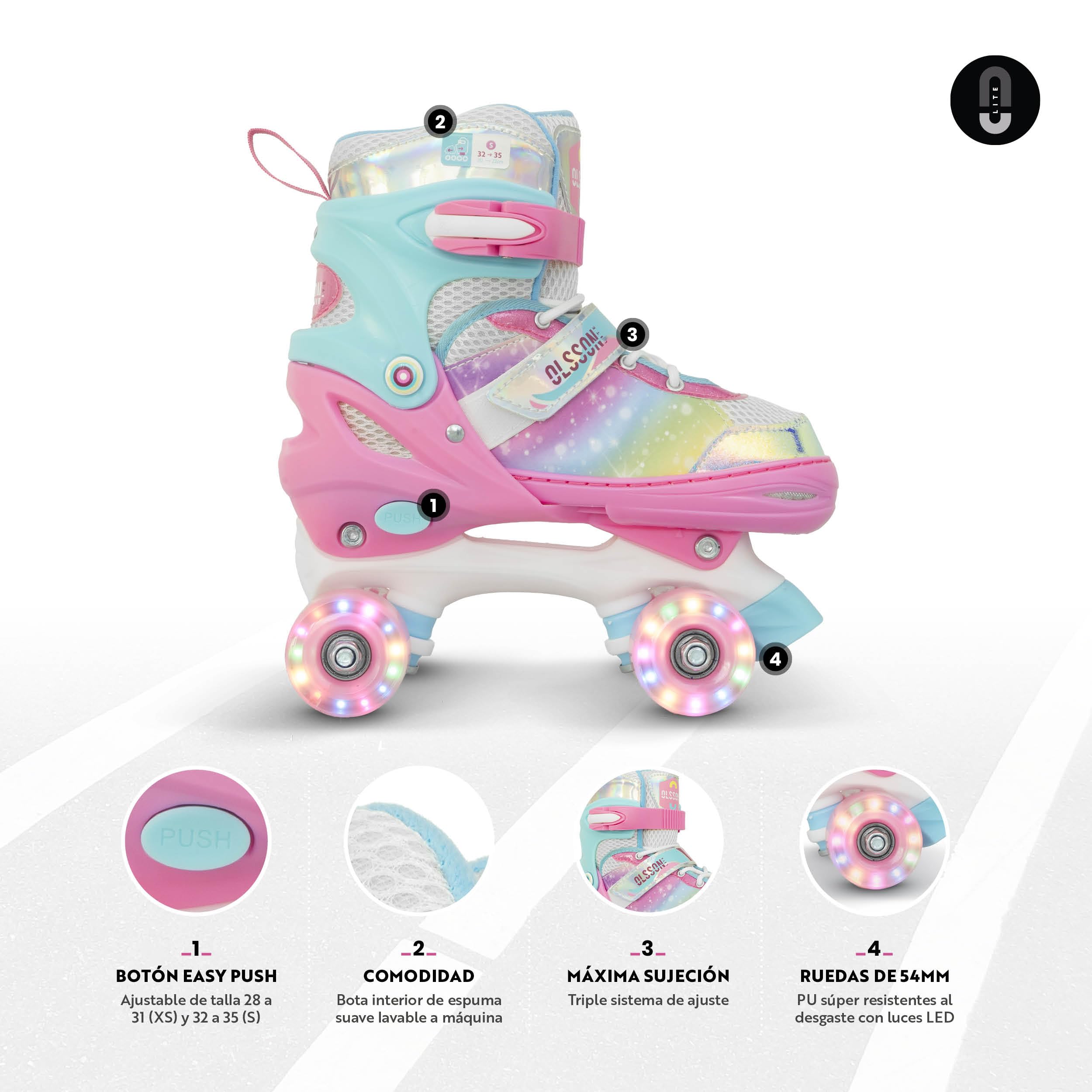 Pattini a 4 ruote per bambini con luci OLSSON Blossom - Taglia regolabile (28-35) tramite pulsante - Cuscinetti ABEC 7 in carbonio - Telaio resistente - Fissaggio regolabile in velcro