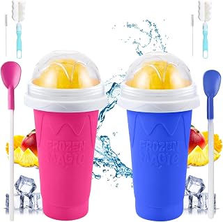 2 Pack Slushie Cup Maker with Sponge Brush & Straw Brush, Slushy Cup Maker, Frozen Magic Squeeze Cups with Lid & Straw for Smoothies, Milk, Juice and Ice Cream, Pink & Blue
