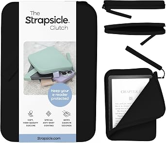 حقيبة سيليكون بحزام لجهاز Kindle وقارئات الكتب الإلكترونية متعددة الأغراض للهاتف والمحفظة والمفاتيح مقاس 6.87 بوصة، لون أبيض ورقي 2024، 6 أجهزة Kindle، Kobos، طلاء Nook المضاد للغبار - أسود