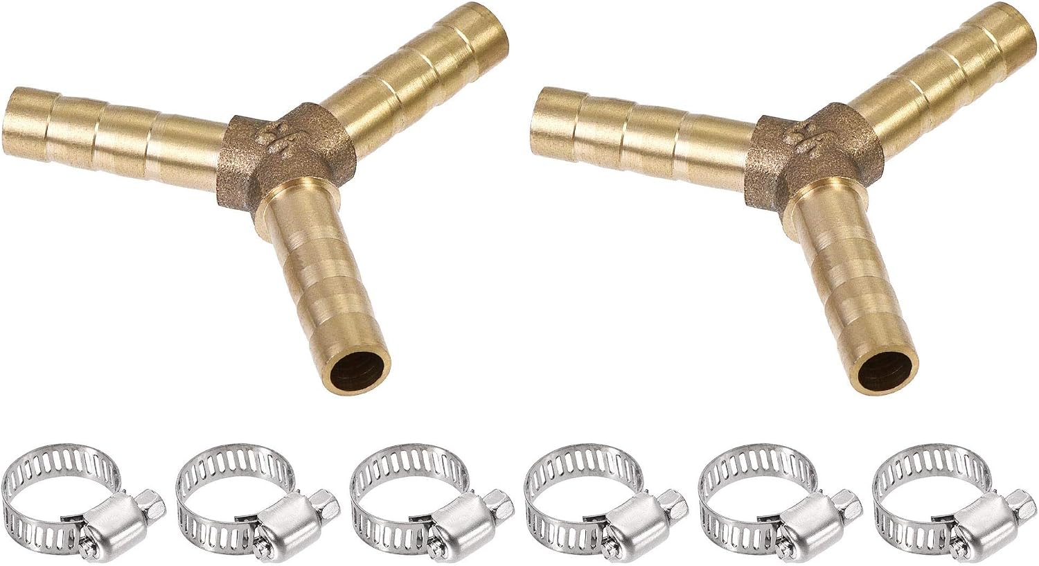 sourcing map Barb Hose Fitting 6mm OD Y Shape Pipe Connector Brass 2Pcs with 6Pcs 6-12mm Hose Clamps for Water Fuel Air