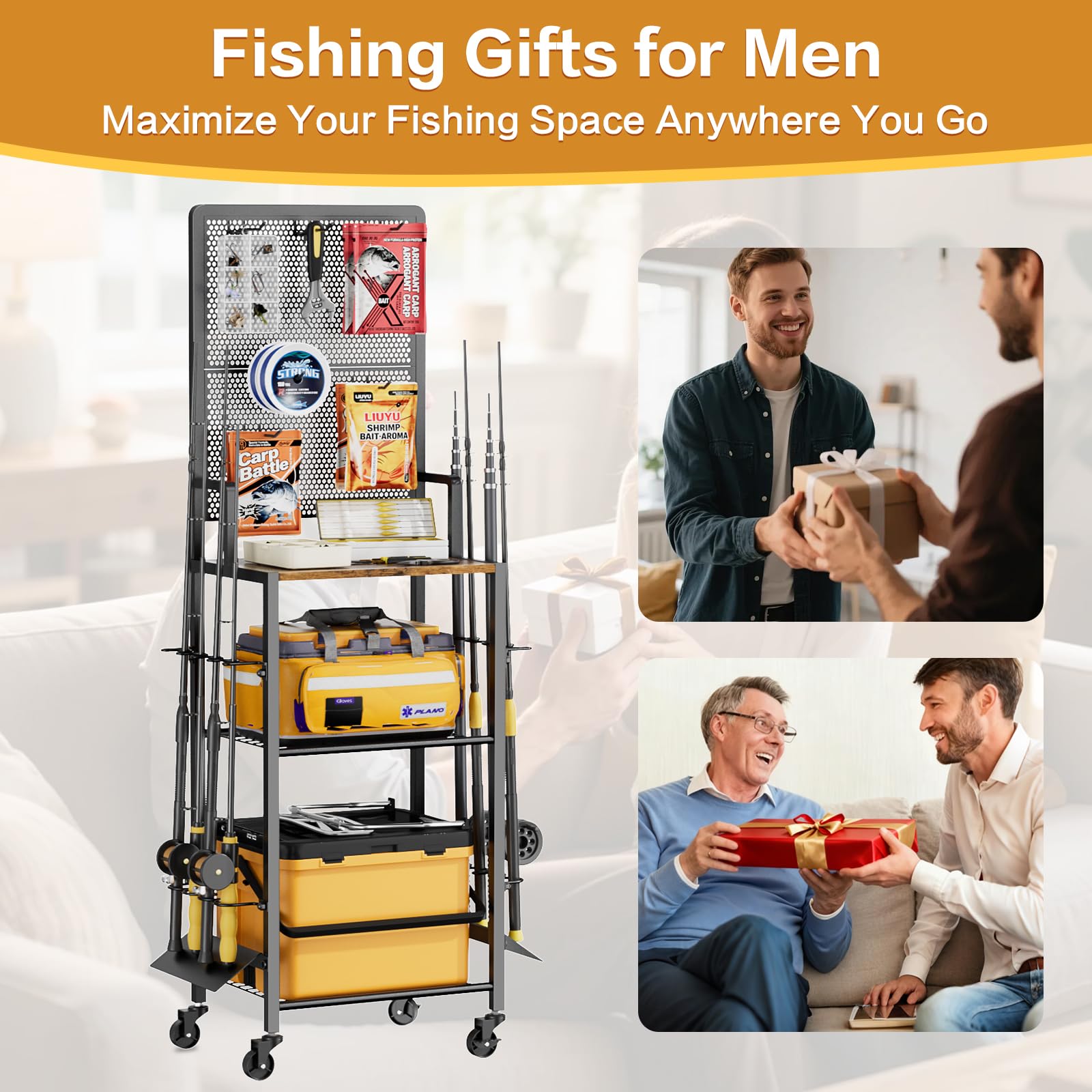 Bikoney Support Canne à Pêche pour Garage avec Panneau Perforé, Chariot de Rangement pour 8 Cannes et Moulinets, Organisateur de Matériel de Pêche sur Roulettes, Robuste et Gain de Place, Cadeau Homme