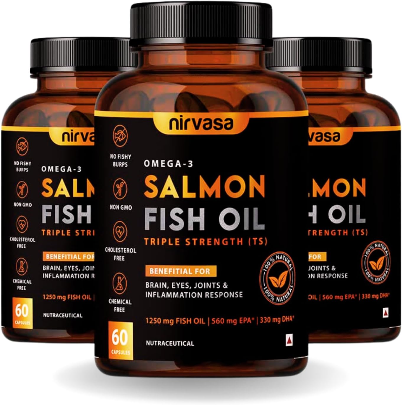 Nirvasa Omega 3 Salmon Fish Oil Softgels (Triple Strength, 3x60 Capsules) 1250mg | 560mg EPA & 400mg DHA | Supports Heart, Brain, Eye & Bone Health | No Fishy Burps | For Men & Women- Pack of 3