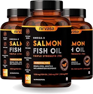 Nirvasa Omega 3 Salmon Fish Oil Softgels (Triple Strength, 3x60 Capsules) 1250mg | 560mg EPA & 400mg DHA | Supports Heart,... Price In India