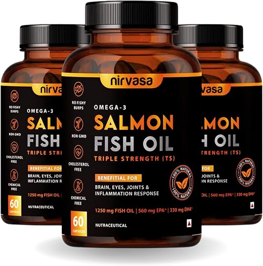 Nirvasa Omega 3 Salmon Fish Oil Softgels (Triple Strength, 3x60 Capsules) 1250mg | 560mg EPA &amp; 400mg DHA | Supports Heart,...