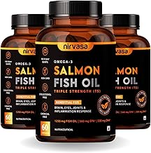 Nirvasa Omega 3 Salmon Fish Oil Softgels (Triple Strength, 3x60 Capsules) 1250mg | 560mg EPA & 400mg DHA | Supports Heart, Brain, Eye & Bone Health | No Fishy Burps | For Men & Women- Pack of 3