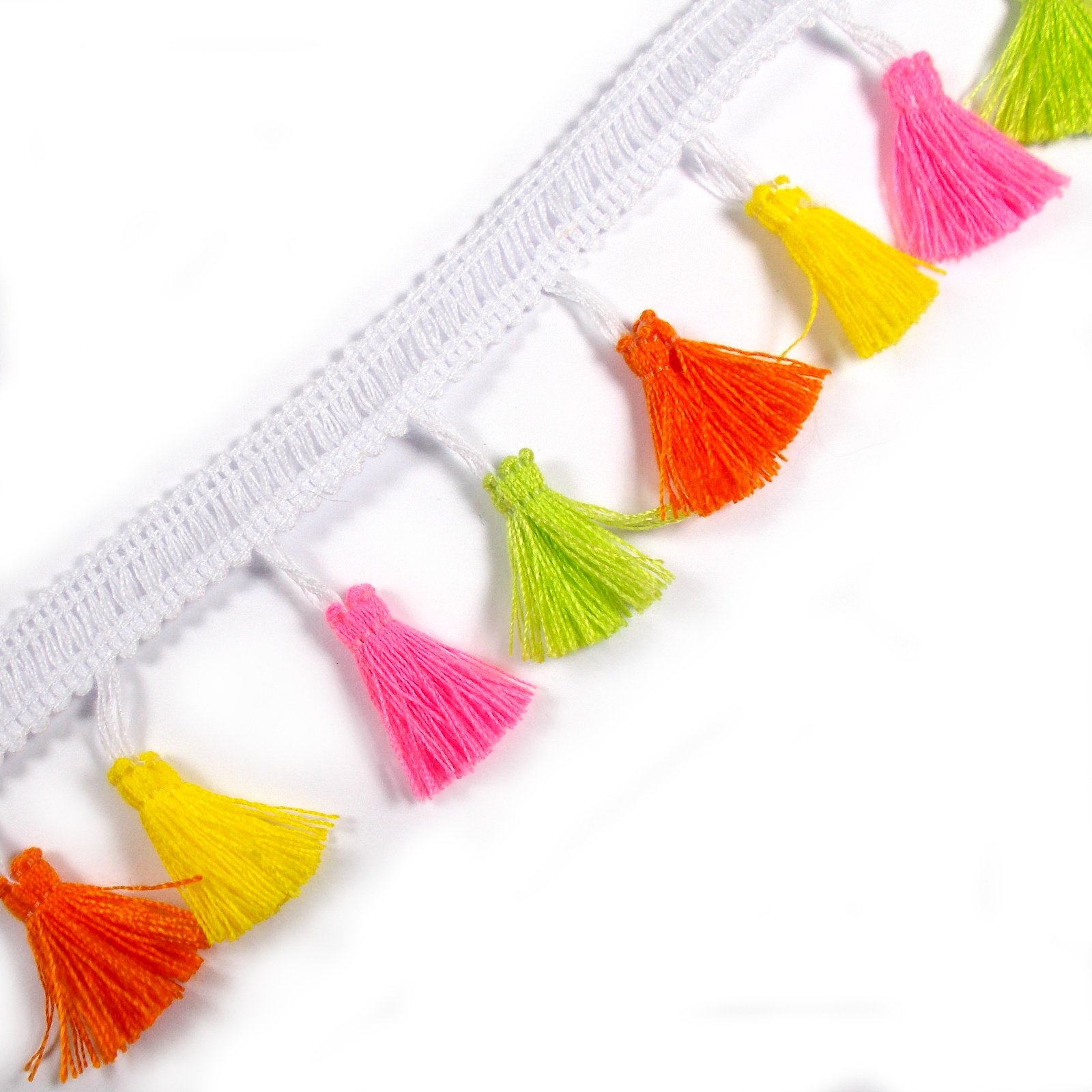 Tassle/Tassel Fringe Trim on Braid 3.5cm Wide Orange Yellow Pink & Green (2 metres)