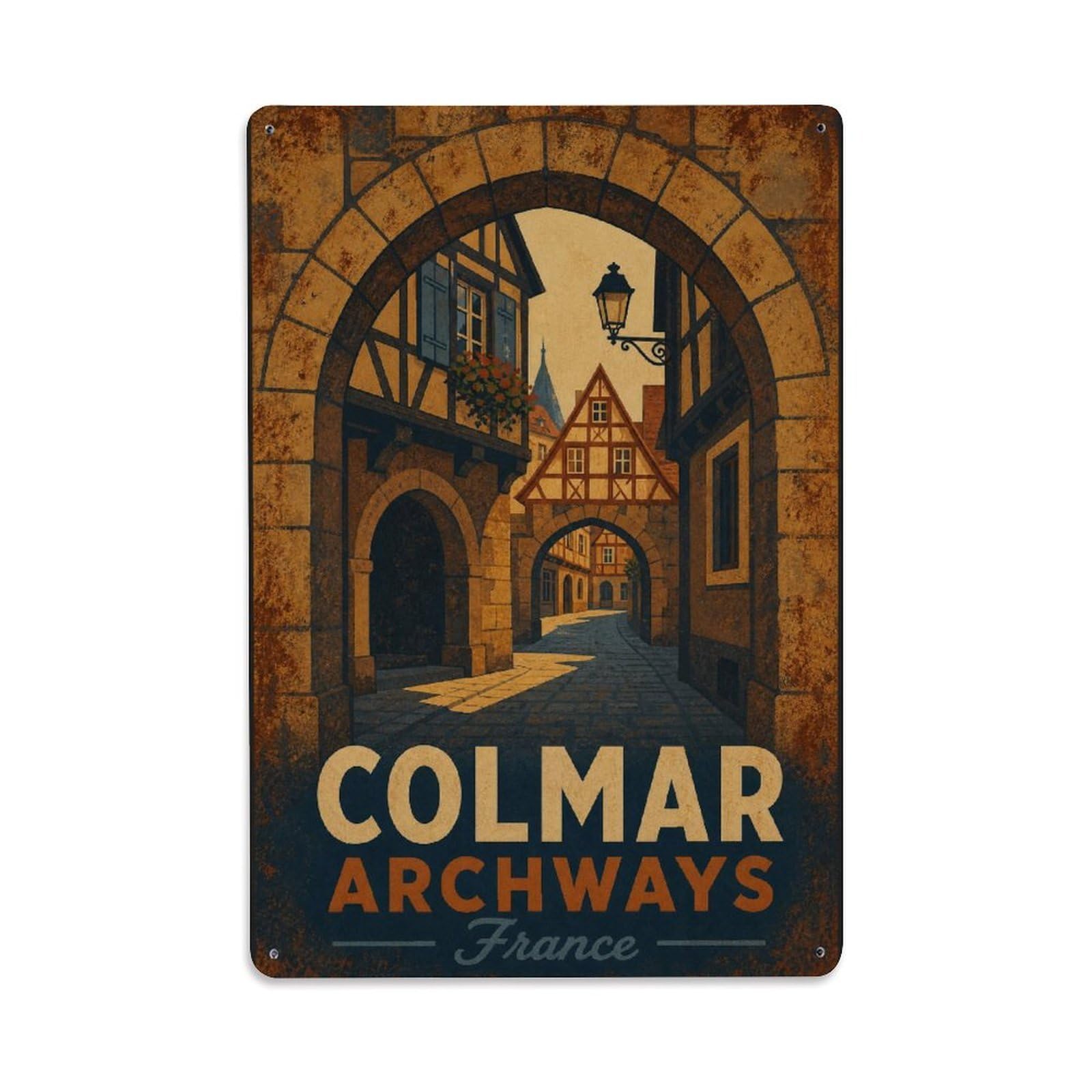 Gead 8X12inch Style Vintage Travel Colmar France Archways Metal Tin Sign