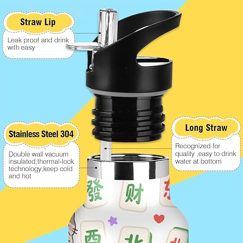 Miniatura 3 de Lindo gato Mahjong de dibujos animados a prueba de fugas sin BPA botella de agua deportiva con tapa de pajilla, doble pared al vacío para viajes,