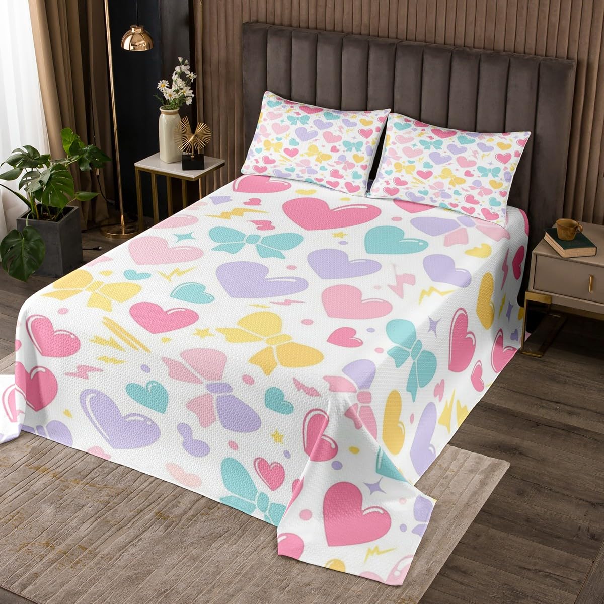 jejeloiu Heart Bedspread Queen Size Cute Rainbow Quilted Coverlet for Boys Girls Teens Pure White Coverlet Set Breathable Soft Lightweight Microfiber
