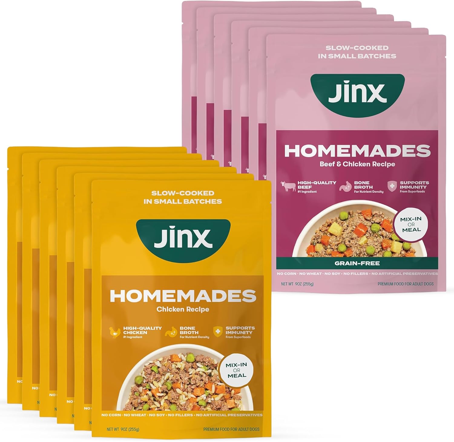 Jinx Wet Dog Food Topper Bundle - 9oz Chicken Homemades & 9oz Beef Homemades (6 Pack Each)