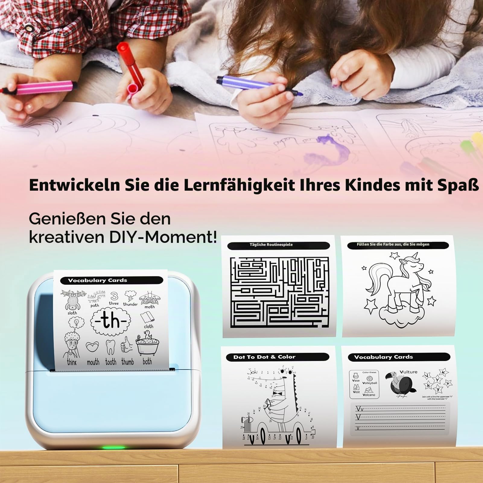 Bisofice S1 Mini Drucker für Smartphone mit 11 Rollen Druckerpapier, Sticker Drucker Aufkleber, Mini Thermodrucker Bluetooth Fotodrucker für Studiennotize, DIY,Journal,Etiketten, Blau