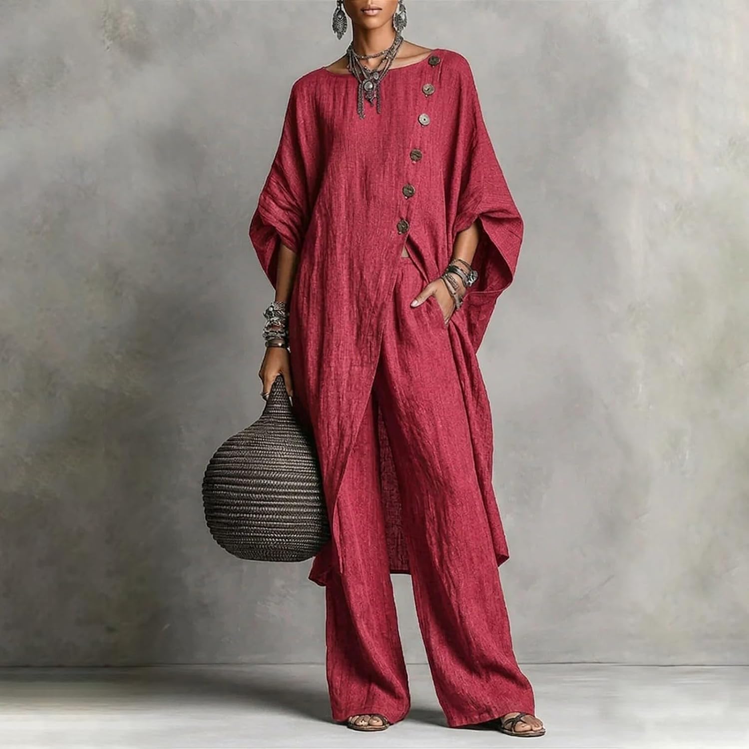 Two Piece Linen Sets for Women 3/4 Sleeve Button Down Top Matching Wide Leg Pants Summer Beach Lounge Set