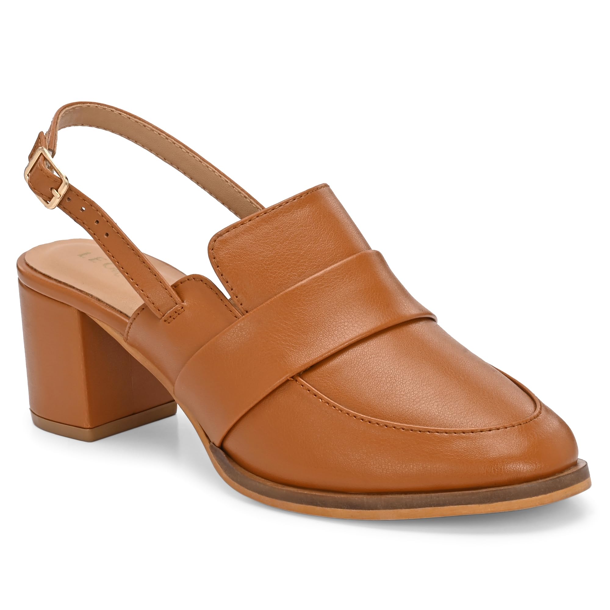 Women's Slingback Block Heel Loafer | Faux Leather Office Heels with Adjustable Buckle Strap | Cushioned Insole | Formal Party Workwear Shoes for Women | Tan | UK 3-8-image-49