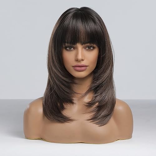Miniatura 3 de HAIRCUBE - Pelucas de color marrón degradado para mujer, pelucas de capas con flequillo, resistentes al calor, pelucas sintéticas