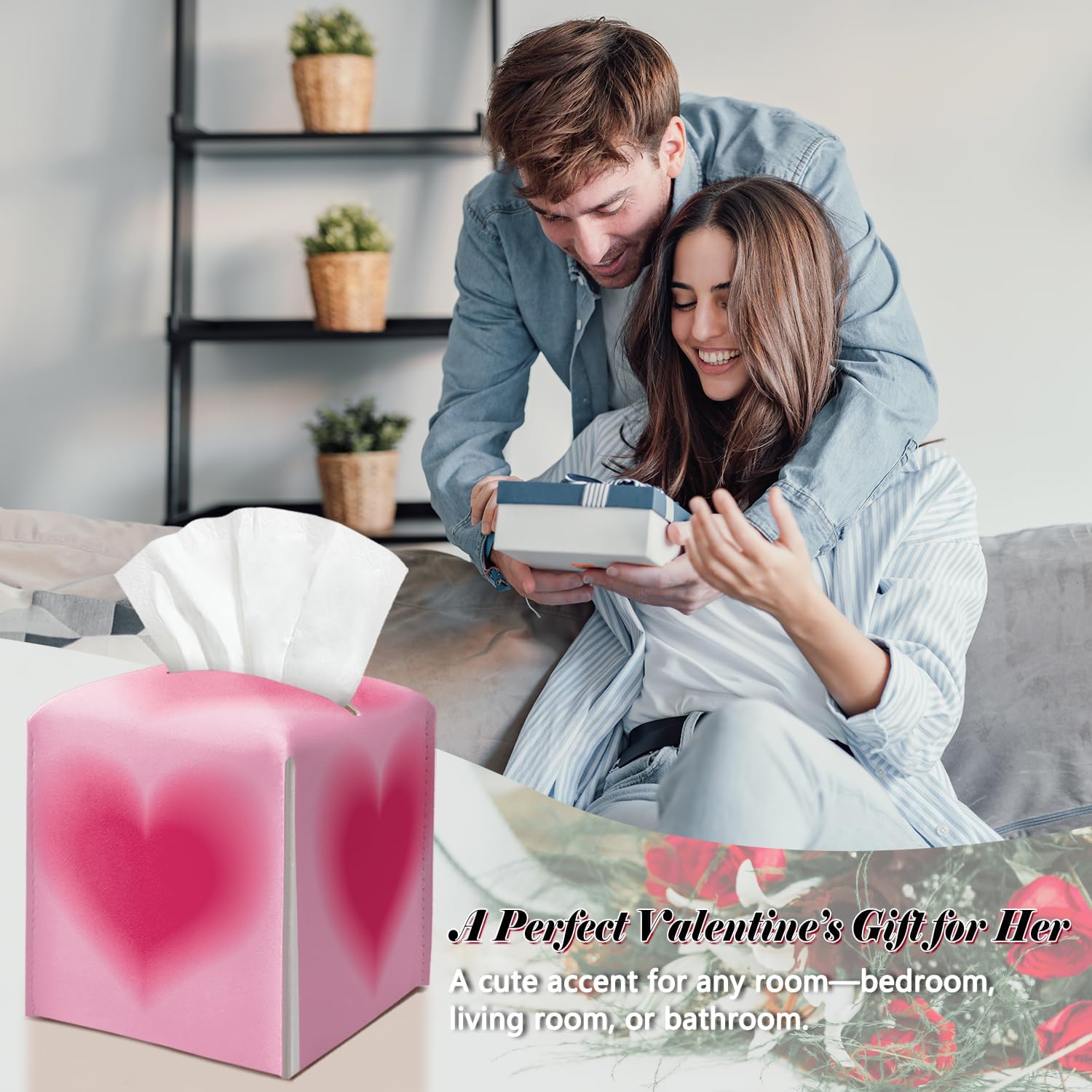 Pink Love Heart Tissue Box Cover Square Cute Leather Tissue Case Holder Valentine's Day Decor for Tabletop Kitchen Car Bathroom Bedroom Office Gifts for Women Waterproof Facial Paper Organizer - DH770