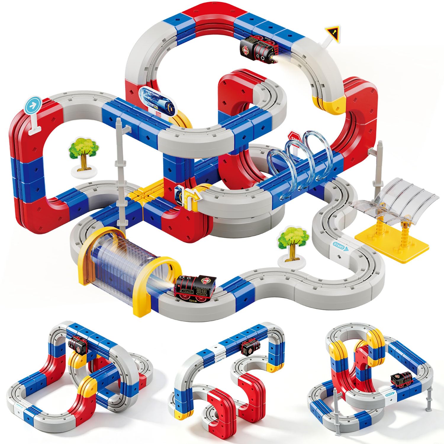 138 PCS Electric Train Set for Kids - 2 Motorised Trains with 3D Cube Train Track, USB Rechargeable DIY Railway Building Toy with Tunnel, Traffic Signs & Accessories, STEM Toy for Boys & Girls Age 3+