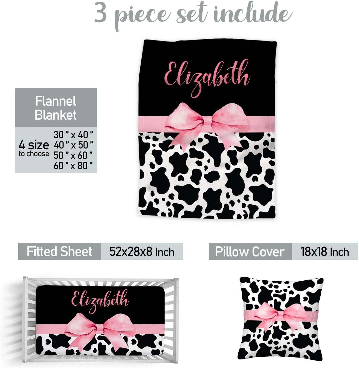 Personalized Baby Crib Bedding Sets for Girls – Custom Name 3 Pcs Pink Bow with Cow Print Nursery Set with Soft Blanket, Fitted Sheet & Pillowcase for Newborn or Infant Gift