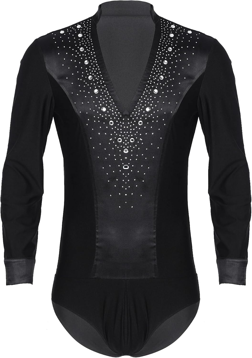 Men's Shiny Rhinestones Figure Skating Dance Shirt Bodysuit Long Sleeve Ballroom Samba Latin Dance Top Leotard