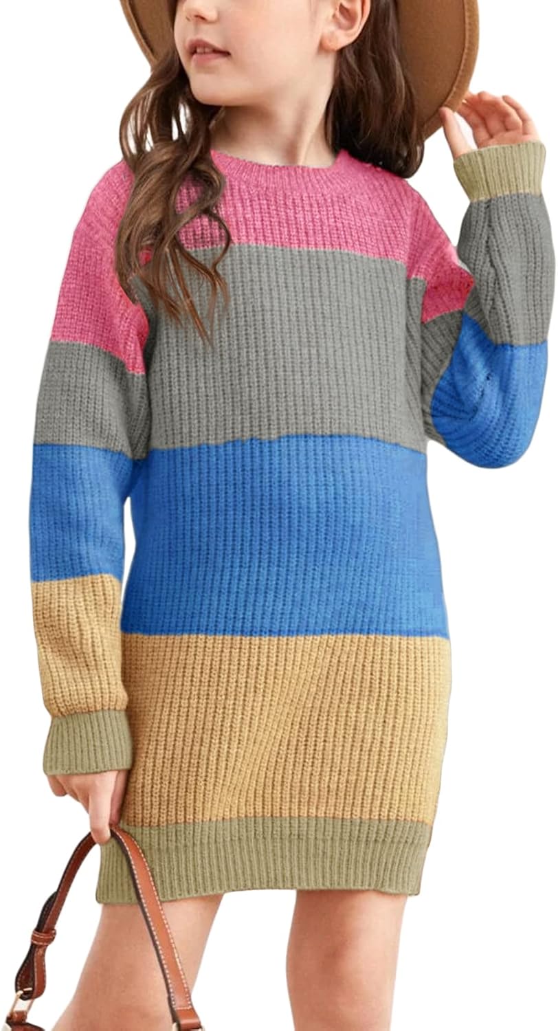 Hestenve Girl's Long-Sleeve Knitted Dress Pullover Long Sweater Bodycon Dresses Winter Christmas Clothes for Kids