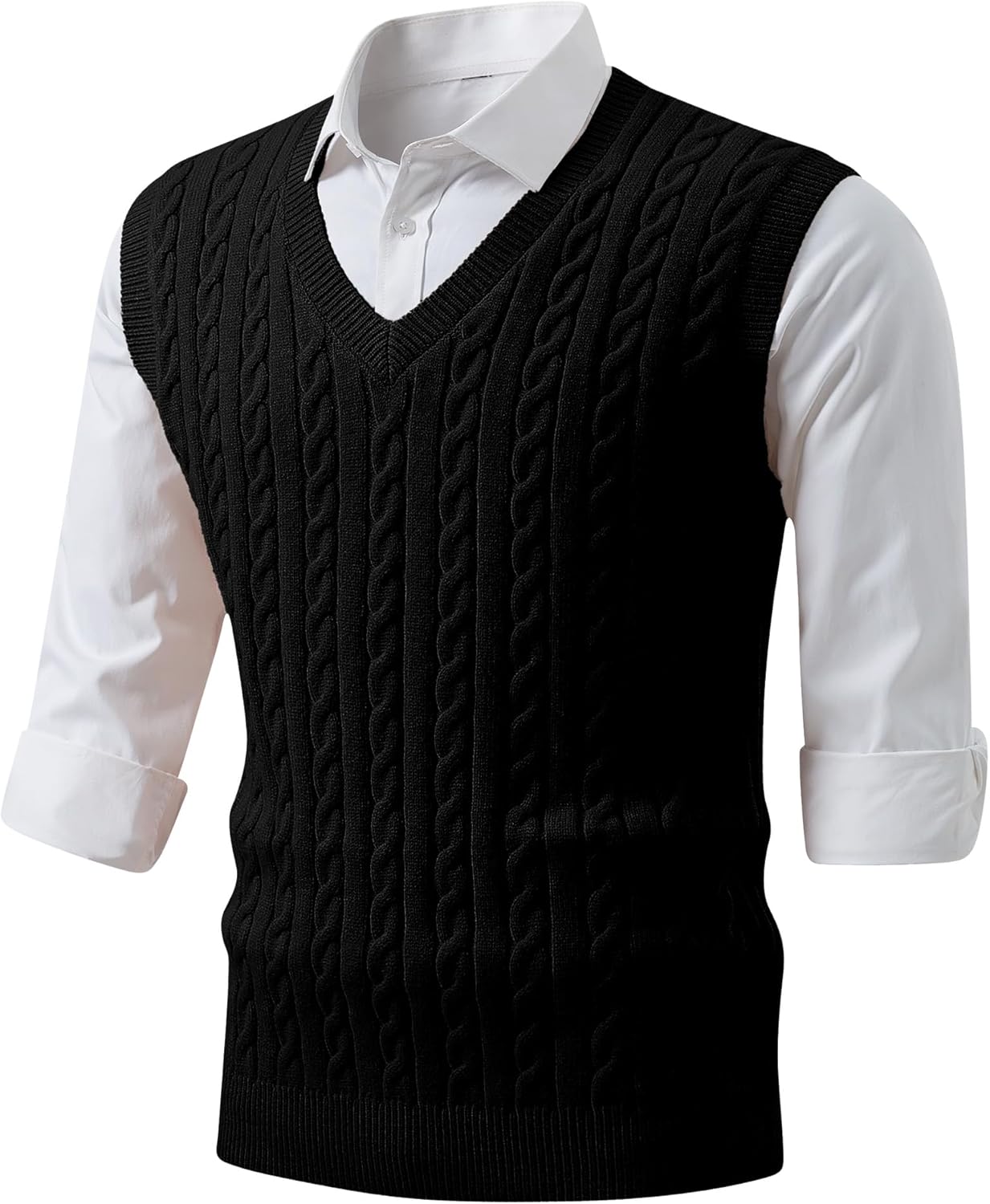 JMIERR Men's Sweater Vests Causal Sleeveless Cable Striped Knit V Neck Pullover
