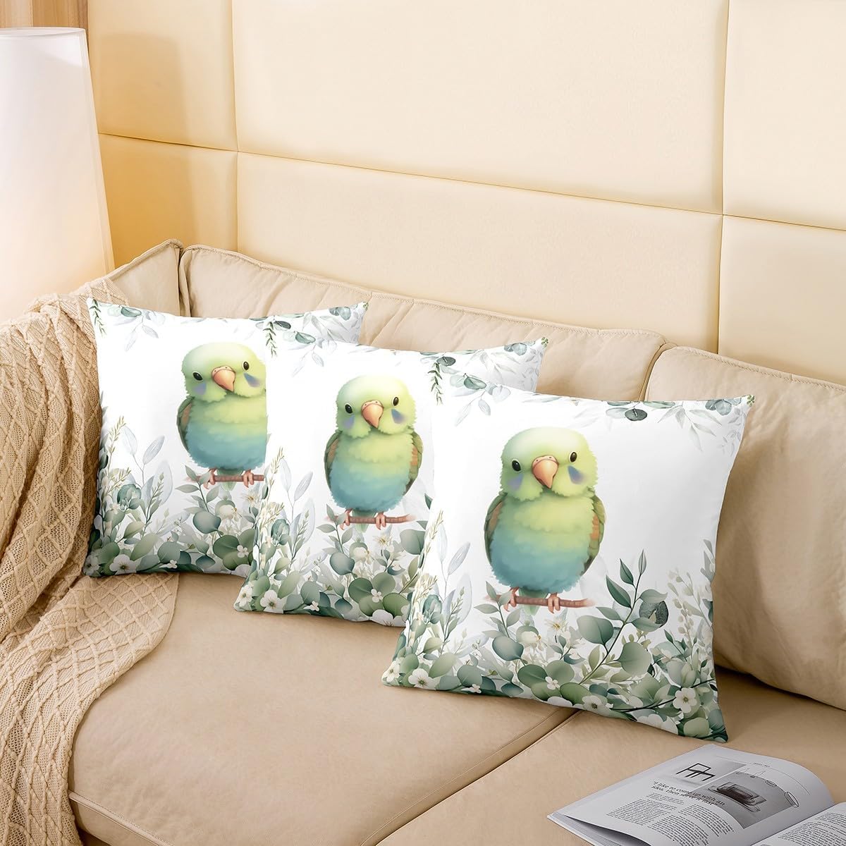 Erosebridal Boys Cartoon Animal Pillow Covers 22x22,Kawaii Bird Throw Pillow Covers 2pcs,Wild Animal Cushion Covers Botanical Green Eucalyptus Decorative Pillow Covers Flowers Wildlife Decor