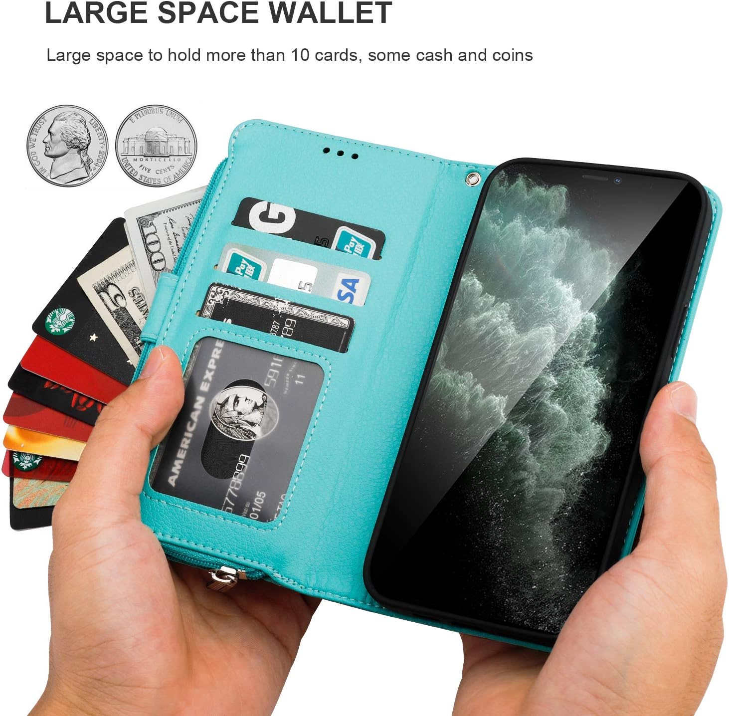 KIHUWEY Compatible with iPhone 12 Pro Max Wallet Case Premium Leather Zipper with Card Holder and Wrist Strap,Kickstand and Protective Lanyard Purse Cover for iPhone 12 Pro Max 6.7 Inch Mint Green