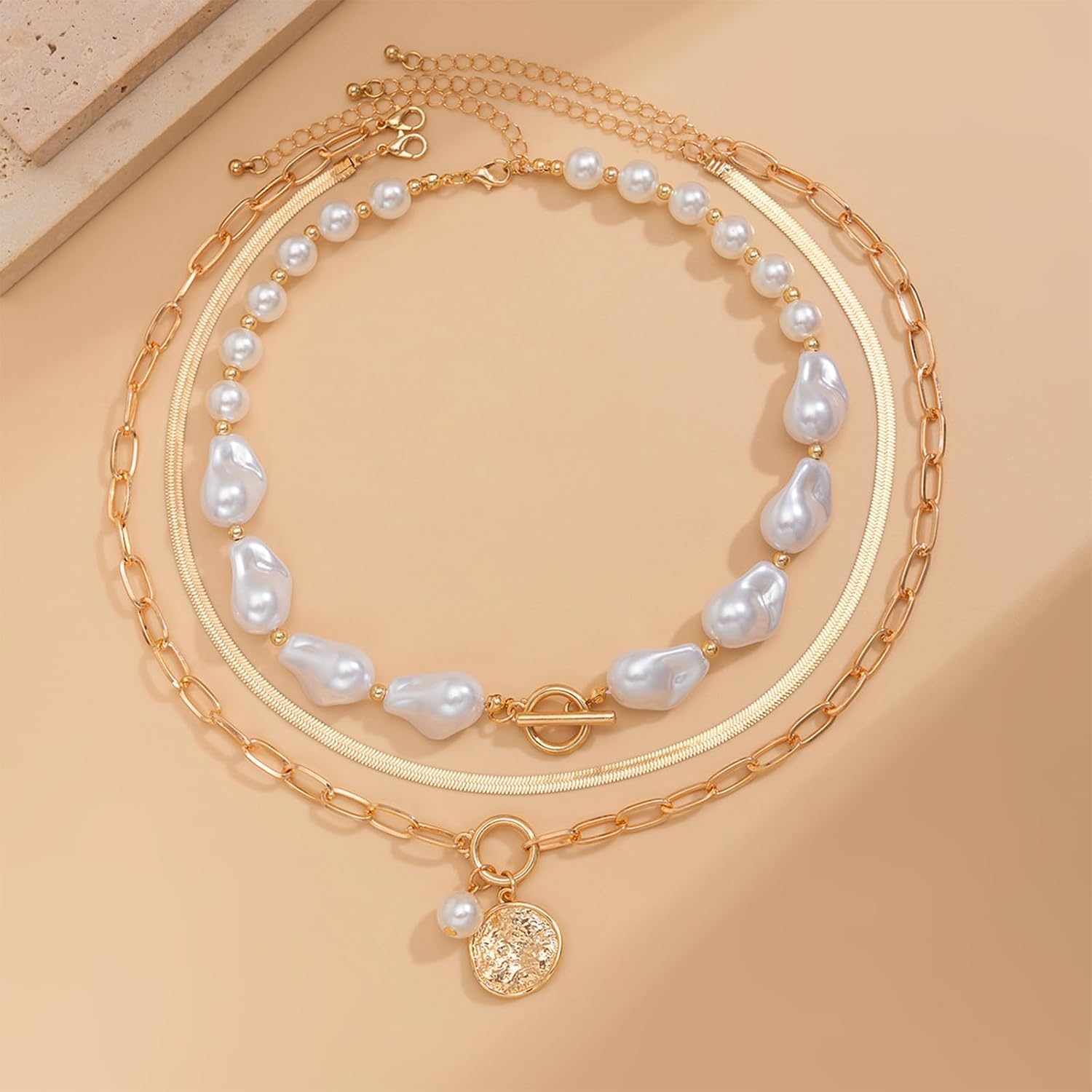 Pearl Necklace for Women Layered Gold Necklaces Gold T Bar Necklace Chunky Chain Necklace Gold Beaded Necklace Gold Jewelry Gift Women - Image 5