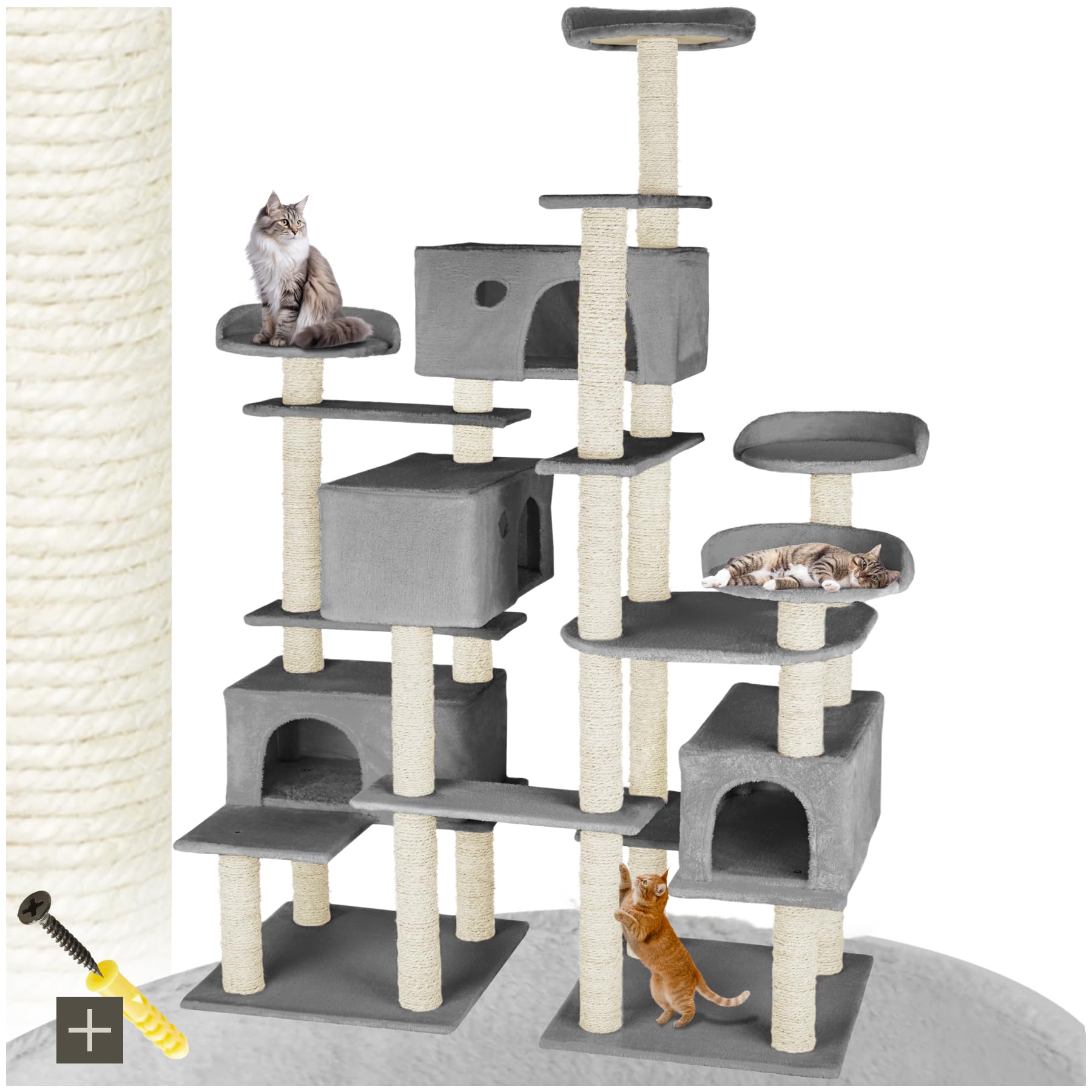 tectake® Albero Tiragraffi per Gatti, Tiragraffi per Gatti con 4 Piattaforme, 4 Casette Accoglienti, Tiragraffi Gatto con Diversi Piani di Gioco, 2 Piastre di Base, Colonne in Sisal - Grigio