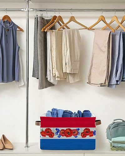 Miniatura 5 de Cesta de almacenamiento floral de American Independence para estantes, color azul y blanco y rojo, con diseño de amapolas de madera retro, cubos de