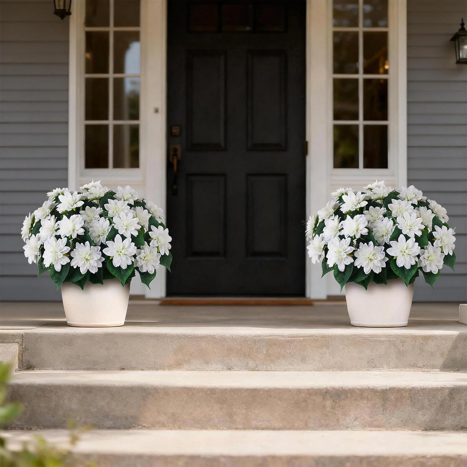 2 Set of Artificial Dahlia Topiary Ball Trees - Fake Silk Dahlia Flower Bushes, UV Resistant Faux Floral Shrub Potted for Front Door Porch Farmhouse Wedding Outdoor Decor (White)