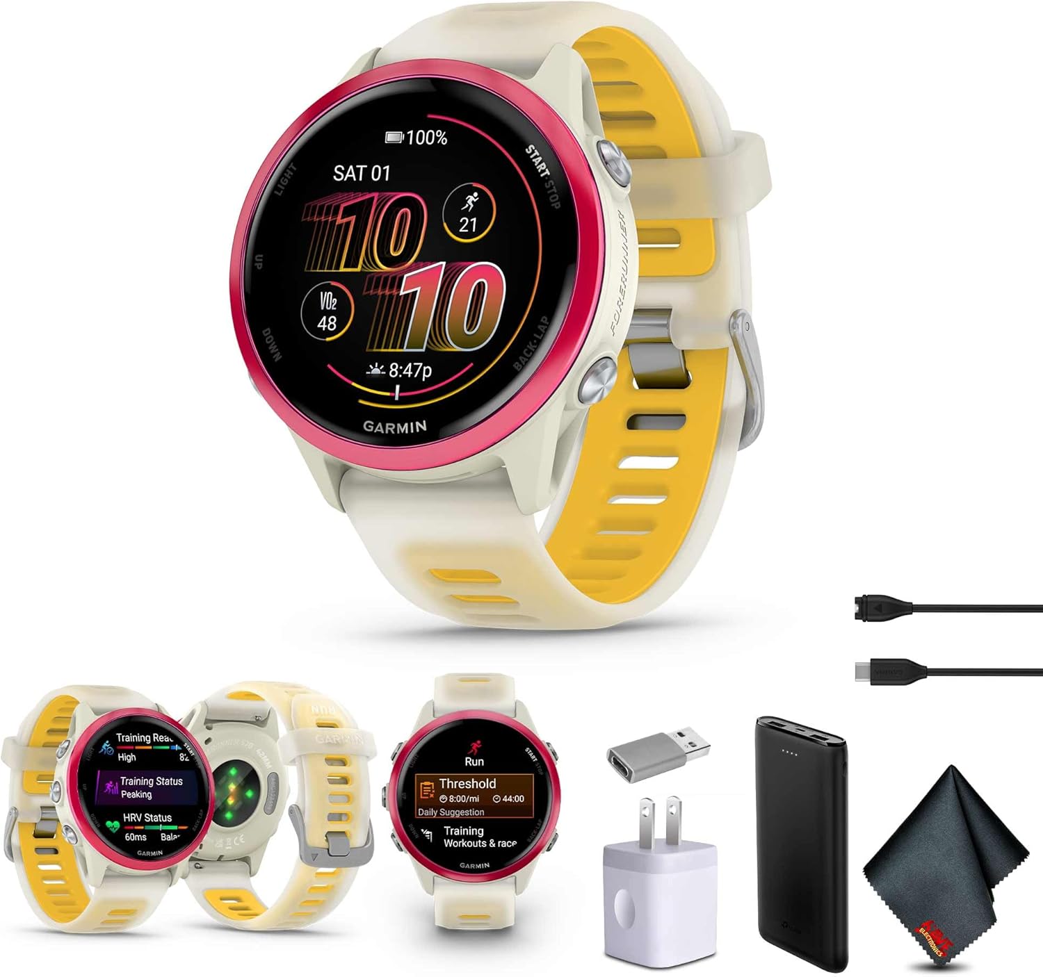 Garmin Forerunner 570 Running Smartwatch, 42MM WiFi, GPS Fitness Smart Watch for Men and Women, Raspberry Aluminum with Translucent Bone/Mango Band Bundle with P-Bank + More
